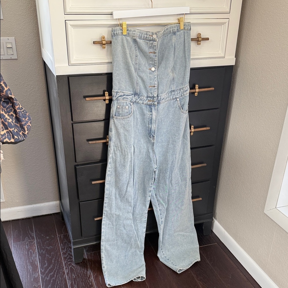 Gilli Light Blue Strapless Wide-Leg Denim Overalls
